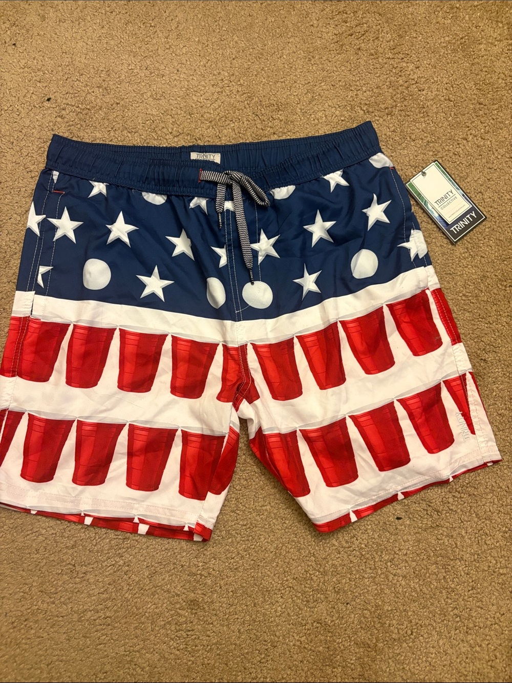 Trinity Men’s Red White & Blue Stars & Cups Swim Trunks